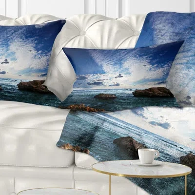 Design Art Rocky Beach With White Clouds - Sea & Shore Printed Pillow