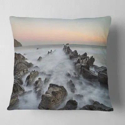 Design Art Rocky Beach With White Waters - Sea & Shore Printed Pillow In Blue