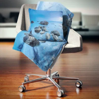 Design Art Rocky Blue Sea - Sea & Shore Printed Pillow