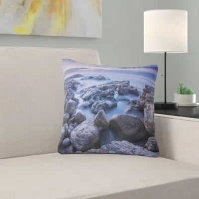 Design Art Rocky Blue Seashore In Morning - Sea & Shore Printed Pillow In Purple