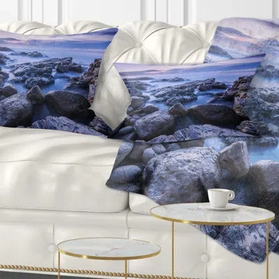 Design Art Rocky Blue Seashore In Morning - Sea & Shore Printed Throw Pillow