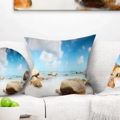 Design Art Rocky Blue Seashore Panorama - Landscape Printed Pillow In Blue;white