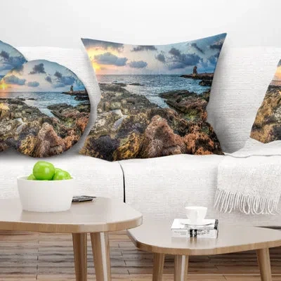 Design Art Rocky Blue Seashore Sunset - Sea & Shore Printed Pillow In Blue;orange