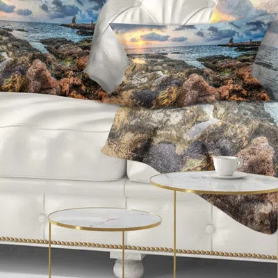 Design Art Rocky Blue Seashore Sunset - Sea & Shore Printed Throw Pillow