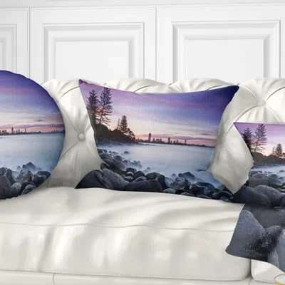 Design Art Rocky Burleigh Point In Blue - Sea & Shore Printed Pillow In Gold
