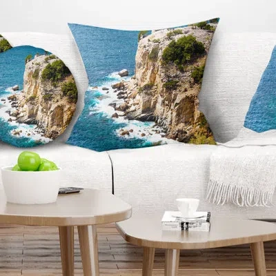 Design Art Rocky Cliff Coast Thassos Greece - Sea & Shore Printed Throw Pillow In Blue