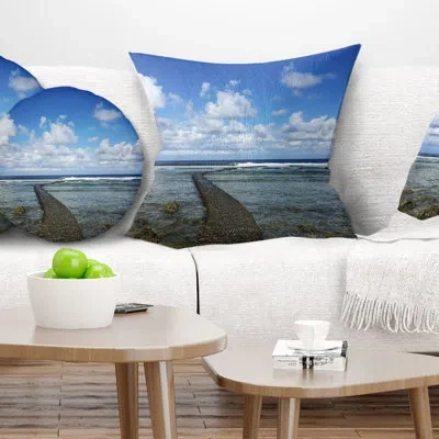Design Art Rocky Coast Along Pacific Ocean - Sea & Shore Printed Throw Pillow In Blue
