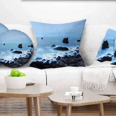 Design Art Rocky Coast Near Raykjanes - Sea & Shore Printed Pillow In Blue
