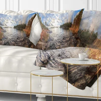 Design Art Rocky Coast Of Autumn Lake - Sea & Shore Printed Pillow In Blue;black;brown;green;red;yellow