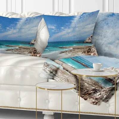 Design Art Rocky Coast Panoramic View - Sea & Shore Printed Pillow In Blue;white