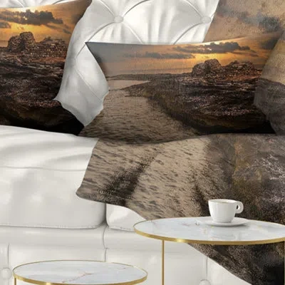 Design Art Rocky Coast With Ancient Ruins - Sea & Shore Printed Throw Pillow In Brown;orange