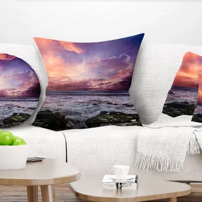 Design Art Rocky Coast With Dramatic Sky - Sea & Shore Printed Throw Pillow In Blue;black;brown;green;red;yellow