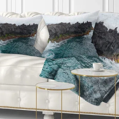 Design Art Rocky Coast With Moss In Azores - Sea & Shore Printed Throw Pillow In Blue