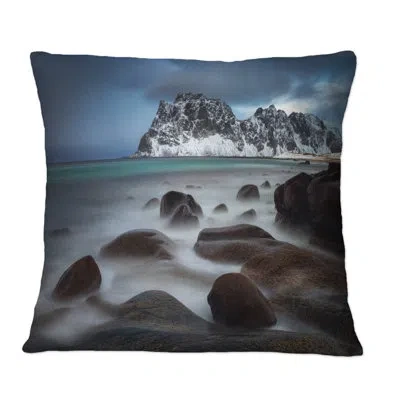 Design Art Rocky Coast With Mountains - Nautical & Coastal Printed Throw Pillow In Blue