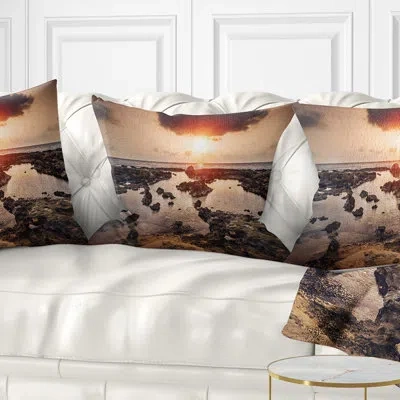 Design Art Rocky Coastline Sunset Africa - Sea & Shore Printed Pillow In Brown;orange