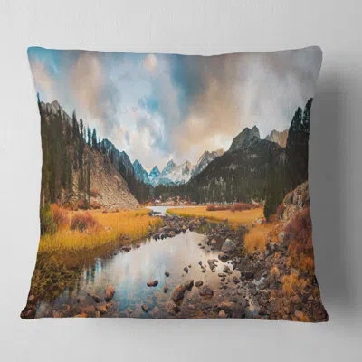 Design Art Rocky Lake Sunset Panorama - Sea & Shore Printed Pillow In Blue