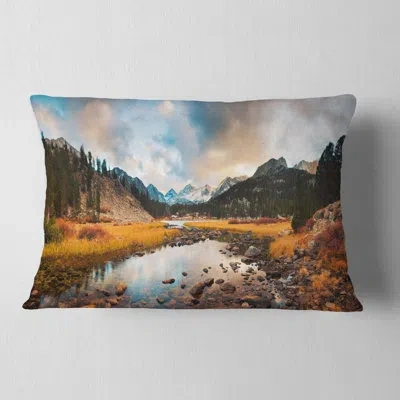 Design Art Rocky Lake Sunset Panorama - Sea & Shore Printed Throw Pillow