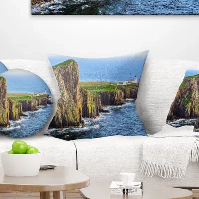 Design Art Rocky Ocean Coastline Scotland - Landscape Printed Throw Pillow In Blue;green