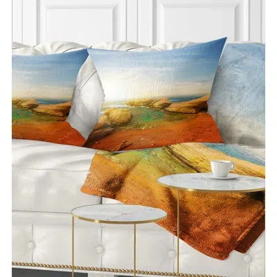 Design Art Rocky Red Beach And Blue Sky - Sea & Shore Printed Throw Pillow