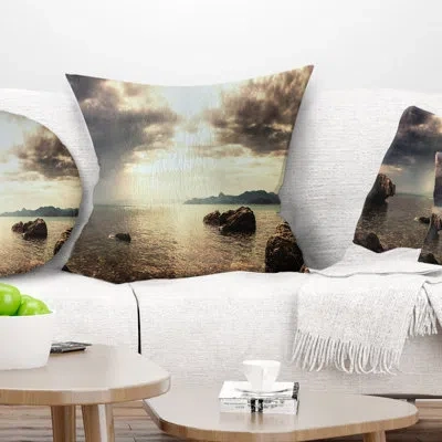 Design Art Rocky Seashore Under Clouds Panorama - Sea & Shore Printed Throw Pillow In Blue;black;brown;green;red;yellow