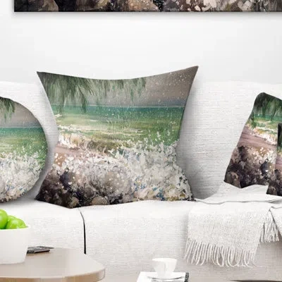 Design Art Rocky Seashore With White Waves - Sea & Shore Printed Throw Pillow
