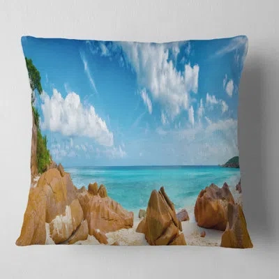 Design Art Rocky Seychelles Island Panorama Oversized Beach Pillow In Blue;black;brown;green;red;yellow