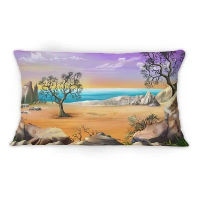 Design Art Rocky Shore With Lonely Tree And Rainbow Horizon -1 Nautical & Coastal Printed Throw Pillow