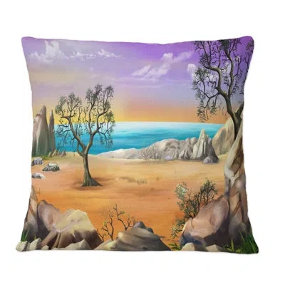Design Art Rocky Shore With Lonely Tree And Rainbow Horizon - Nautical & Coastal Printed Throw Pillow In Blue