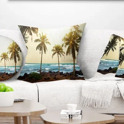 Design Art Rocky Tropical Beach With Palms - Sea & Shore Printed Pillow In Blue;green