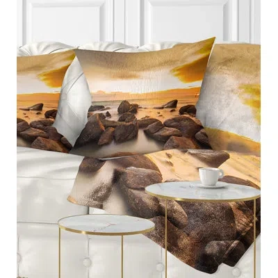 Design Art Rocky Yellow Tropical Beach - Sea & Shore Printed Throw Pillow In Blue