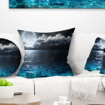 Design Art Romantic Full Moon Over Sea - Sea & Shore Printed Throw Pillow In White;gray