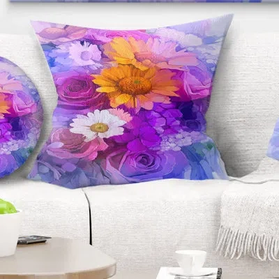 Design Art Rose Daisy And Gerbera Flowers - Floral Printed Throw Pillow In Purple