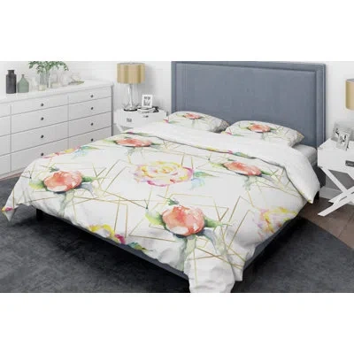 Design Art Rose Flower Mid-century Duvet Cover Set In Pink