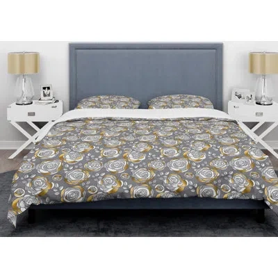 Design Art Rose Flowers Mid-century Duvet Cover Set In Gray