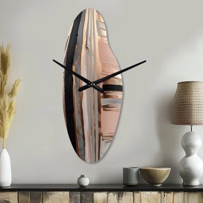 Design Art Rose Gold And Pink Forms In Contemporary I - Abstract Asymmetrical Metal Wall Clock, Modern Curved W In Pink;gold