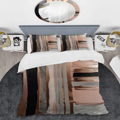 Design Art Rose Gold And Pink Forms In Contemporary I - Abstract Duvet Cover Set - Microfiber Polyester In Pink;gold