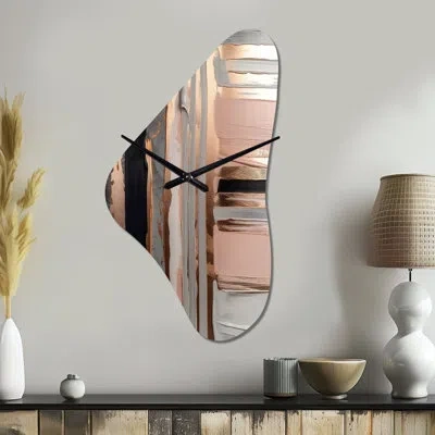 Design Art Rose Gold And Pink Forms In Contemporary I - Abstract Unique Shape Metal Clock, Modern Asymmetrical  In Pink;gold