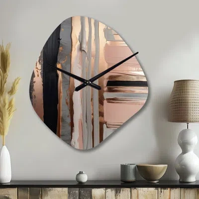 Design Art Rose Gold And Pink Forms In Contemporary I - Abstract Unique Shape Metal Clock, Modern Asymmetrical  In Pink;gold