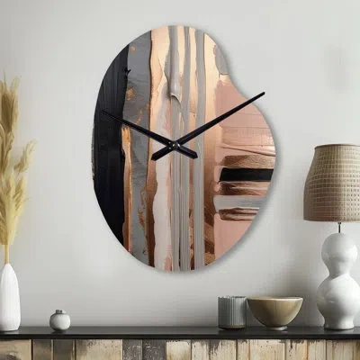 Design Art Rose Gold And Pink Forms In Contemporary I - Abstract Unique Shape Metal Wall Clock, Modern Asymmetr