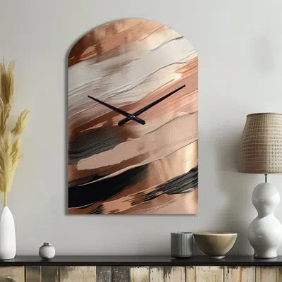 Design Art Rose Gold And Pink Forms In Contemporary Ii - Abstract Arch Metal Wall Clock, Modern Asymmetrical Wa In Pink;gold