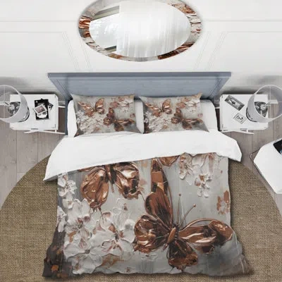 Design Art Rose Gold Butterfly Wings And Flowers Ii Beddingmicrofiber / Polyester Duvet Cover Set In White;gold
