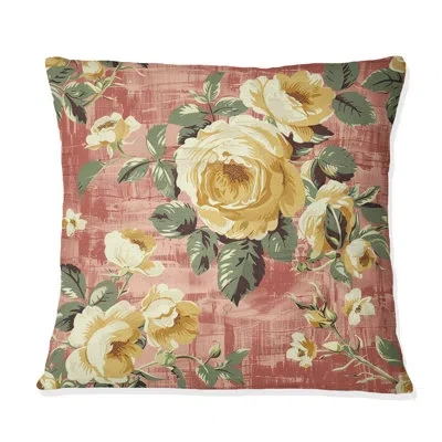 Design Art Rose Gold Farmhouse Florals Bloom I - Farmhouse Pillow In Pink;gold