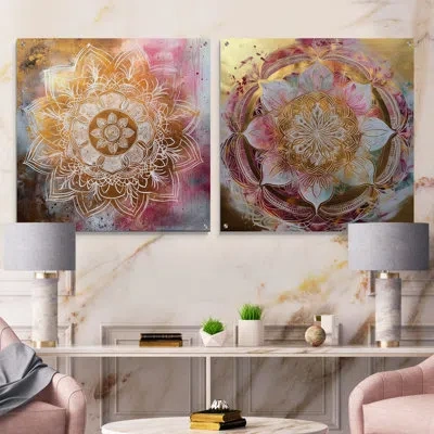 Design Art Rose Gold Mandala I - Boho Mandala Acrylic Wall Art Glass Set Of 2