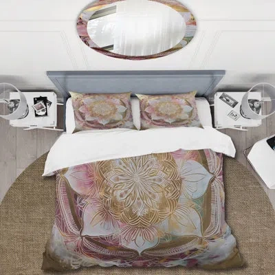 Design Art Rose Gold Mandala Ii - Boho Mandala Duvet Cover Set In Pink;gold