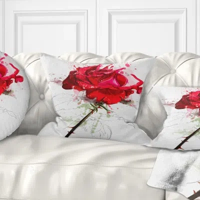 Design Art Rose Sketch With Stem On White - Floral Printed Pillow