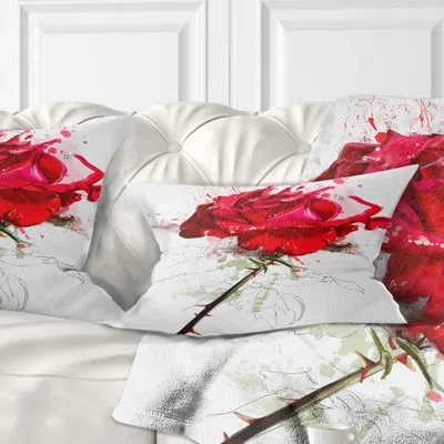 Design Art Rose Sketch With Stem On White - Floral Printed Throw Pillow