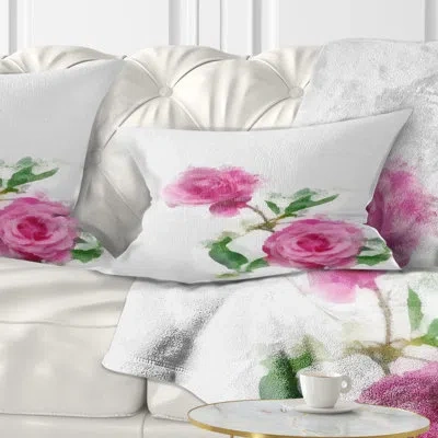 Design Art Rose Stem With Pair Of Roses - Floral Printed Throw Pillow In Pink