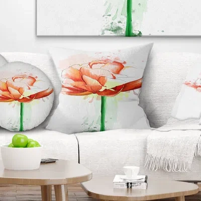 Design Art Rose With Stem And Paint Splashes - Floral Printed Pillow In Orange