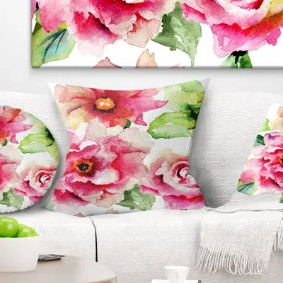 Design Art Roses And Gerber Flowers Watercolor - Floral Printed Pillow In Blue;black;brown;green;red;yellow