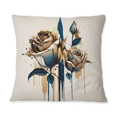 Design Art Roses Flow Flower On Golden Beige Paint Viii - Rose Printed Throw Pillow In Beige;gold